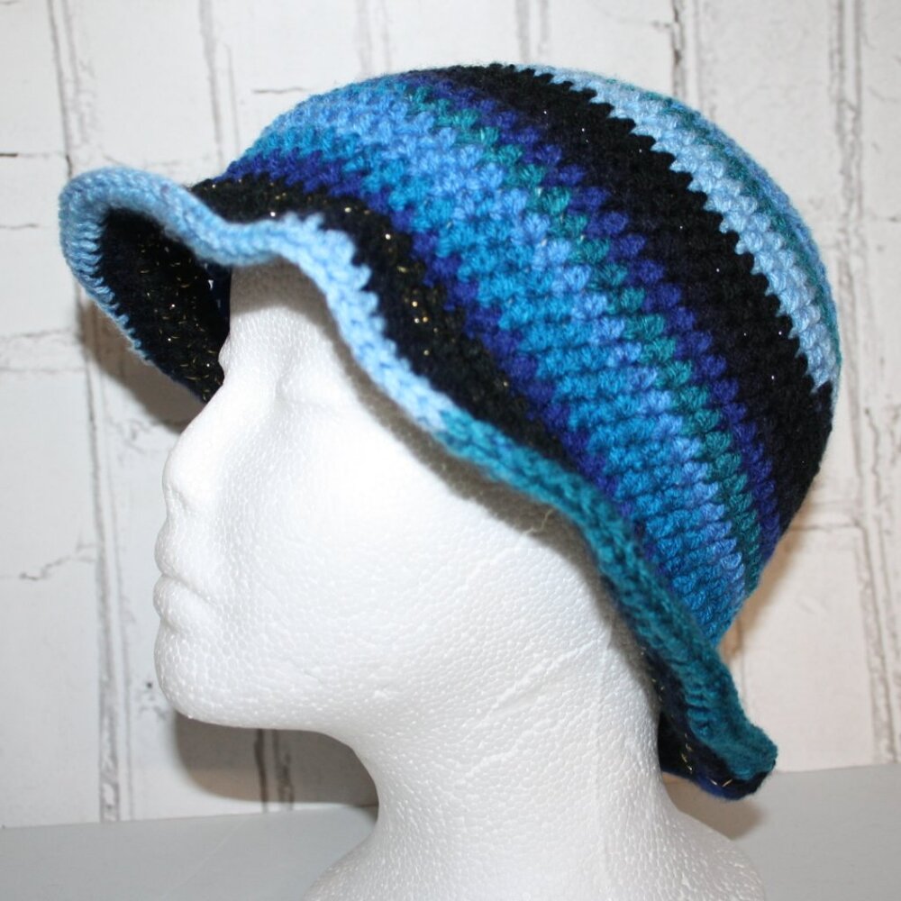 🌀 Blue & Black Striped Crocheted Sunhat – Handmade · One Size